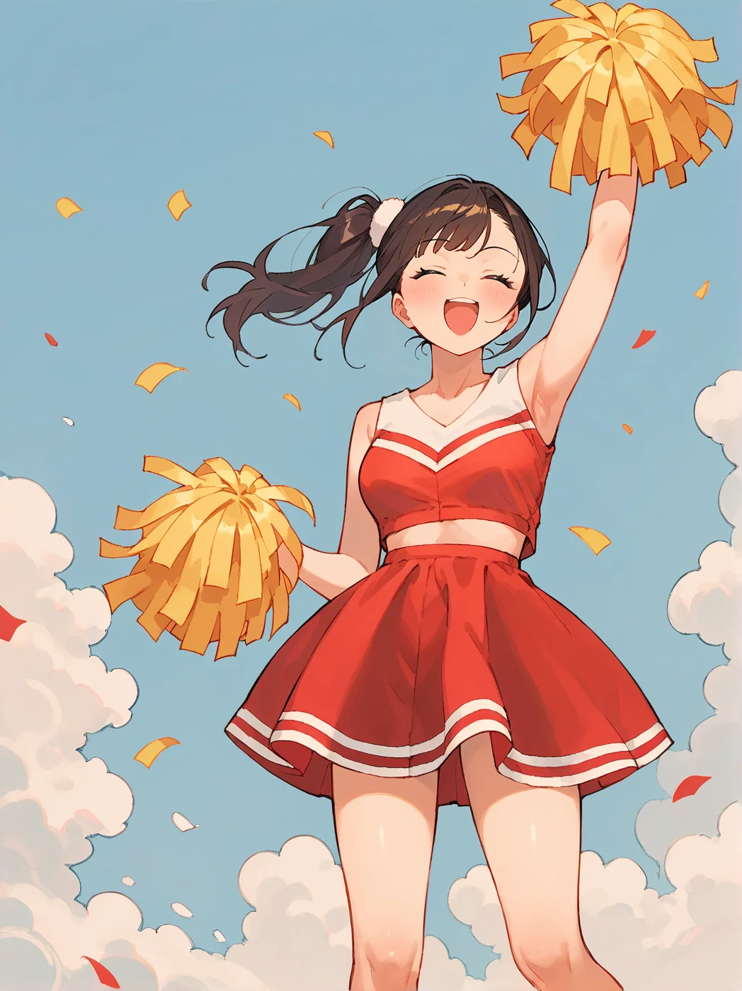 score_8_up, score_7_up, score_6_up, source_anime, 1girl, solo, outdoors, school, cheering, dancing, pom pom (cheerleading)
happy, closed eyes
cheerleader <lora:Cheerleader:1>
red shirt, red skirt