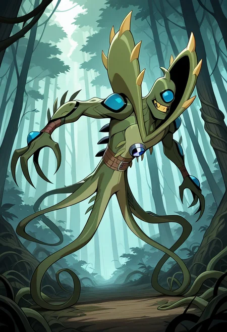 , masterpiece, best quality, amazing quality, very aesthetic, absurdres, newest,
wildvine, solo, green skin, alien, monster, one eye, blue eye, green skin, , spikes, claws, yellow teeth, smile,, no hair, 1boy, Digimon, 
 dynamic pose, green tentacles, tentacle legs, in forest, jungle, vines, hanging vines, trees,