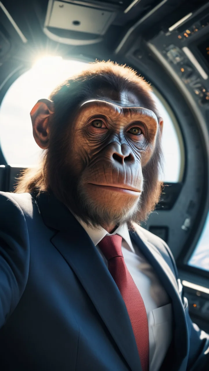 optic angle UHD HDR 32k pov selfie of australopithecus politician wearing suit in the spaceship, beautiful sun and earth