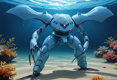 score_9, score_8_up, score_7_up, source_anime, front view, BREAK, ( hygogg, blue_hygogg_armor, pink monoeye, from side, looking at viewer, long arms, very long arms, long claws) 1mech, blue mech, wide mech, large shoulders, large shoulder armor, mech focus, solo, BREAK, two arms, swimming, underwater, river, small fish, floating, reaching towards viewer, swimming forwards,