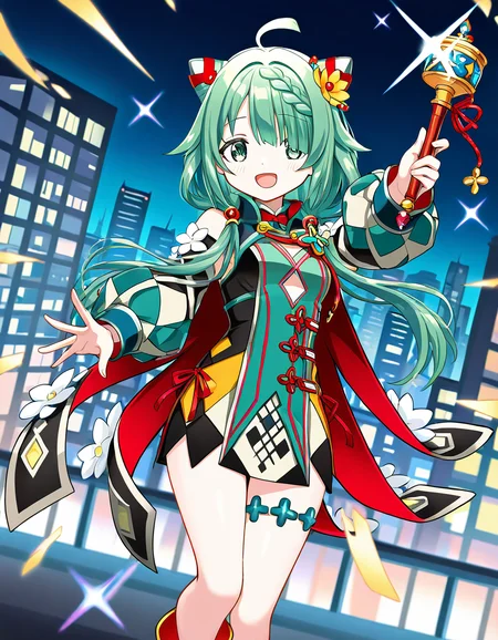 masterpiece, best quality, newest, absurdres, highres, safe, 1girl, heruka \(madoka magica\), magia record: mahou shoujo madoka magica gaiden, holding wand, solo, city, night, dutch angle, <lora:heruka_madoka_magica_noobaiXLNAIXL_vPred10Version:0.7>