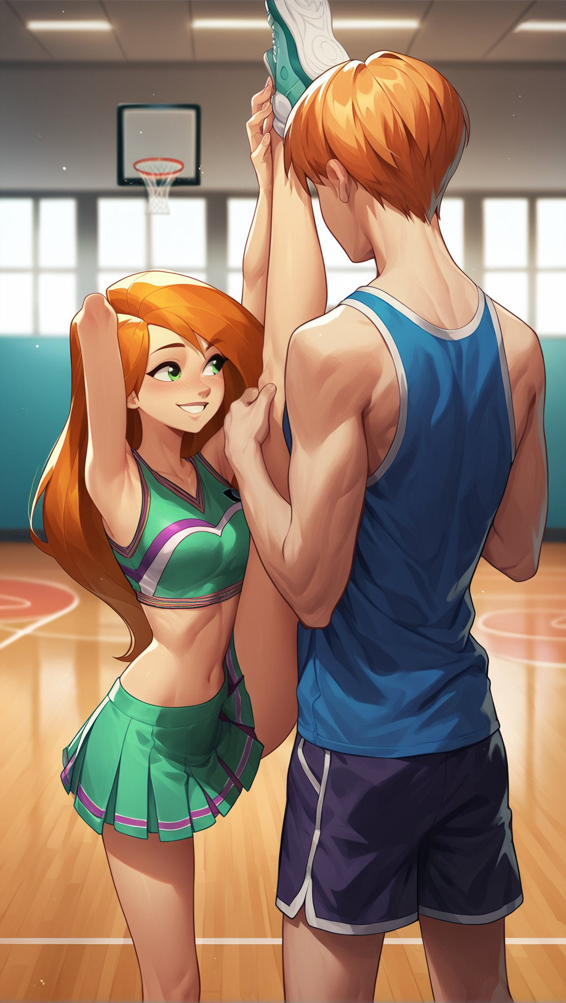 score_9, score_8_up, score_7_up, source_cartoon BREAK 1girl, Kim Possible, orange hair, green eyes, cheerleader, looking at another, indoors, basketball court, crop top, pleated skirt, standing split, hands up, smile, blush, <lora:Over-the-shoulder_shot:1>, (1boy, male facing away), rating_questionable