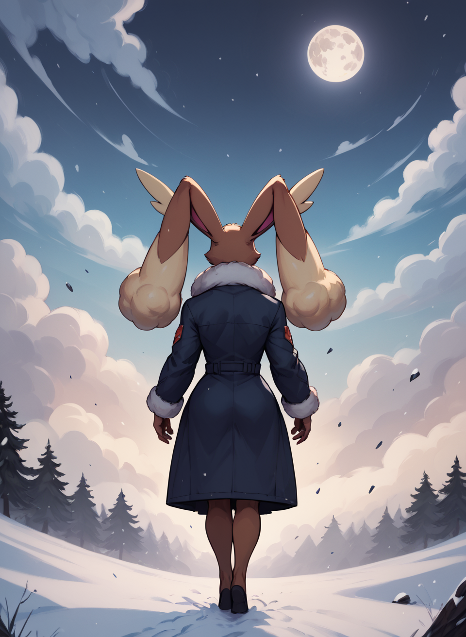 score_9, score_8_up, score_7_up, score_6_up, score_5_up, score_4_up, <lora:LopunnyPXL:1> LopunnyPXL, anthro, red eyes, black sclera, big breasts, makeup, mascara, winter coat, snowy moutain, peak of the mountain, moutain summit, summit, very top of the moutain, peak, wind, snowstorm, clouds, fog, high sky, night, facing away, turned back, from behind, ahead, raising head, looking at sky, full moon, full body