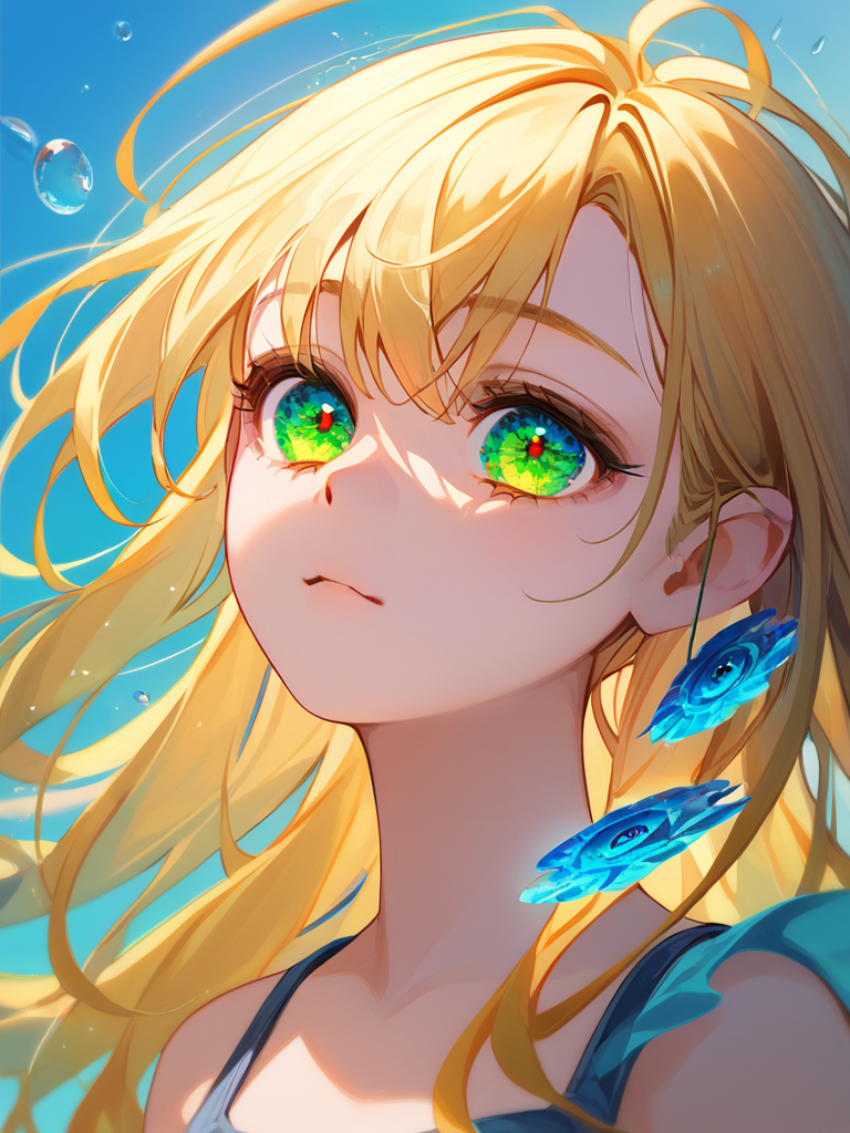 PDXL, <lora:OpalEyesV1Pony:1>, opal_eyes, 1girl, cute face, detailed eyes, long yellow hair, glowing green eyes, portrait, looking through a fishtank