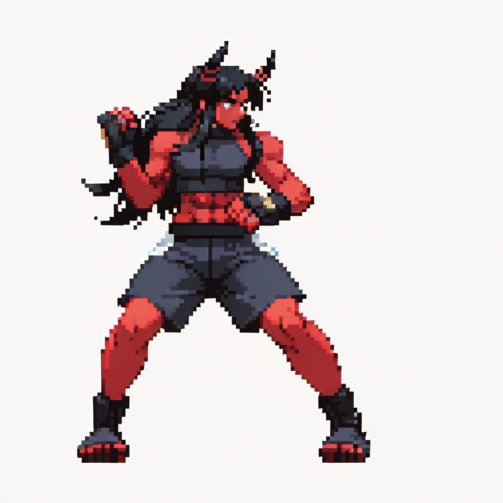 CapcomVsSnk,, white background,,
1boy, black hair, long hair, colored skin, demon horns, red skin, abs, crop top, shorts, fingerless gloves,, looking at away, dynamic pose, full body, fighting stance,
 <lora:ACapVSsnk_Style:1.2>, pixel art,