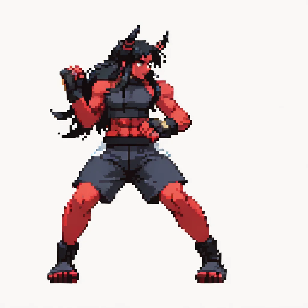 CapcomVsSnk,, white background,,
1boy, black hair, long hair, colored skin, demon horns, red skin, abs, crop top, shorts, fingerless gloves,, looking at away, dynamic pose, full body, fighting stance,
<lora:ACapVSsnk_Style:1.2>, pixel art,