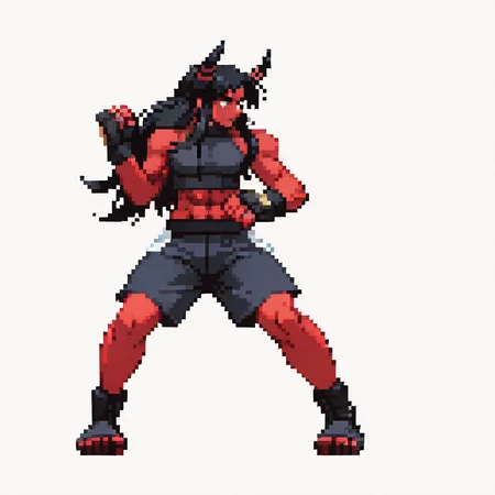 CapcomVsSnk,, white background,,
1boy, black hair, long hair, colored skin, demon horns, red skin, abs, crop top, shorts, fingerless gloves,, looking at away, dynamic pose, full body, fighting stance,
<lora:ACapVSsnk_Style:1.2>, pixel art,