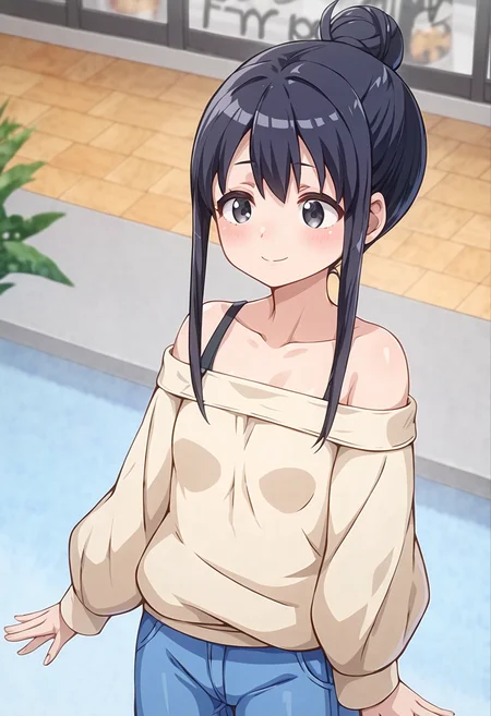 score_9, score_8_up, score_7_up, source_anime, <lora:lowres_concept_ponyXL_v1:-0.3>
BREAK,
<lora:annaka_moe_PonyXL_v1-000015:1> annaka moe, single hair bun, long hair, black hair, black eyes,
1girl, solo,
Buoyant Smile,
embarrassed ,
bright yellow off-shoulder sweater blue __bottoms__ ,
Bird's Eye View, looking down, toward the buttocks, Fast Food Restaurant bokeh, depth of field,