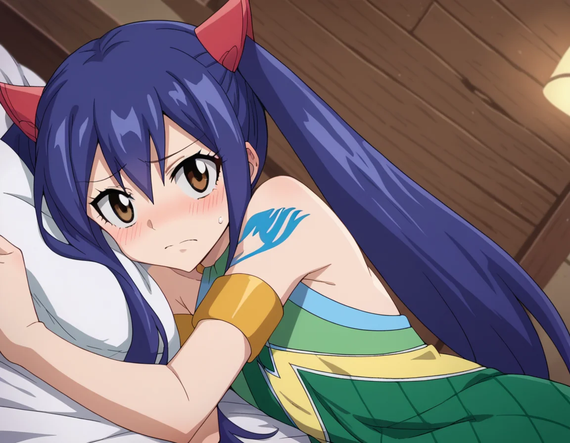 score_9, score_8_up, score_7_up, source_anime,
wendymarvell, <lora:wendy-marvell-s7-ponyxl-lora-nochekaiser:1>
wendy marvell, long hair, hair ornament, twintails, brown eyes, blue hair,
bare shoulders, tattoo, armlet, dress, green dress,
indoors, bed, bed room, on side, blush, drunk,
looking at viewer, dutch angle, cowboy shot