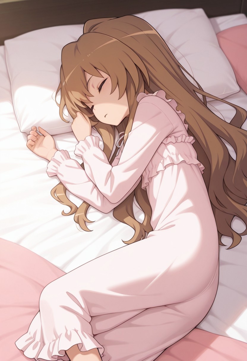 masterpiece,best quality,amazing quality, aisaka taiga, brown hair, long hair, 1girl, sleeping, solo, closed eyes, on side, lying, pillow, bed, frills