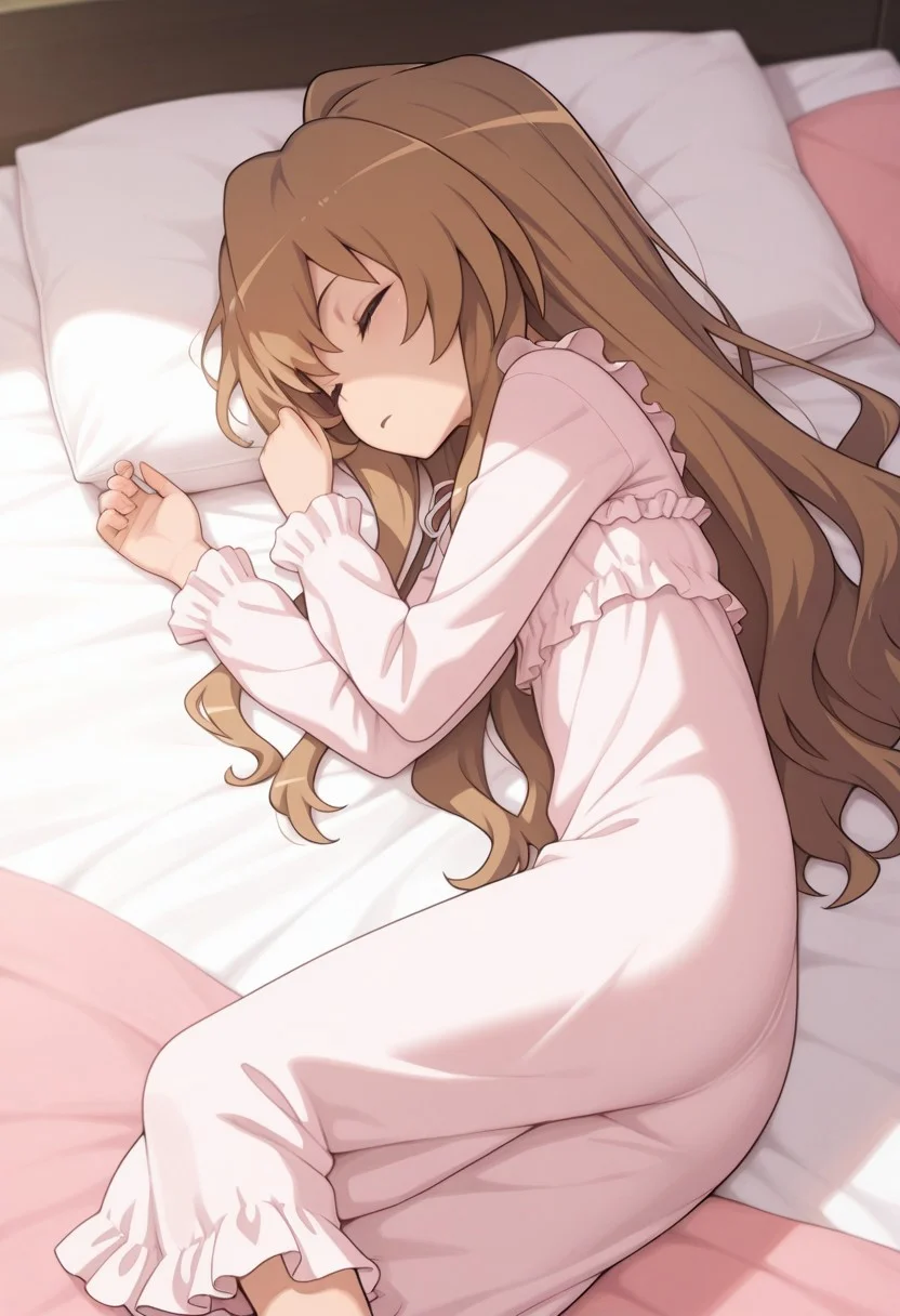 masterpiece,best quality,amazing quality, aisaka taiga, brown hair, long hair, 1girl, sleeping, solo, closed eyes, on side, lying, pillow, bed, frills