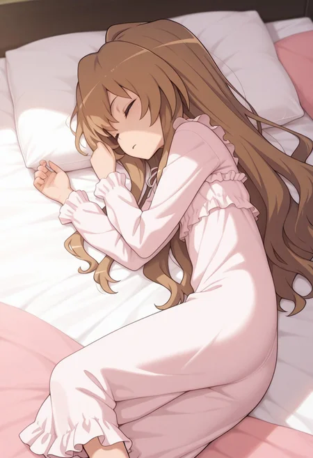 masterpiece,best quality,amazing quality, aisaka taiga, brown hair, long hair, 1girl, sleeping, solo, closed eyes, on side, lying, pillow, bed, frills