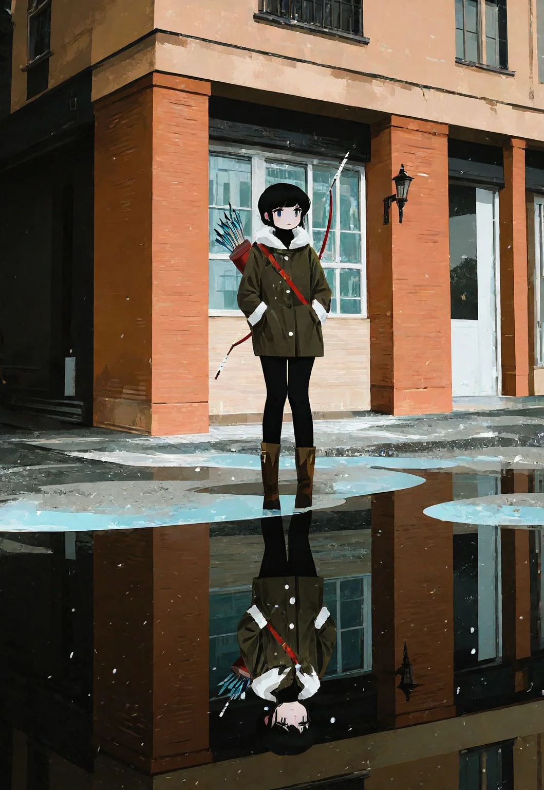 (yun ling:1.1), (noeru \(noellemonade\):1.2), newest, very awa, masterpiece, highres, absurdres, year 2024, year 2023,
original, 1girl, alley, belt, belt buckle, black eyes, black hair, black leggings, boots, bow \(weapon\), brick wall, brown footwear, buckle, building, buttons, chest belt, closed mouth, coat, day, expressionless, full body, fur-trimmed sleeves, fur trim, green coat, green sleeves, hands in pockets, lamppost, leggings, lipstick, long sleeves, makeup, outdoors, puddle, red belt, red lips, reflection, reflective water, short hair, solo, split theme, sunlight, tile floor, tiles, turtleneck coat, upside-down, walking, weapon, weapon on back, window, winter clothes, winter coat
<lora:yun_ling-16:0.9> <lora:ponyv6_noobV1_1_adamW-000011:0.3> <lora:spo:1>