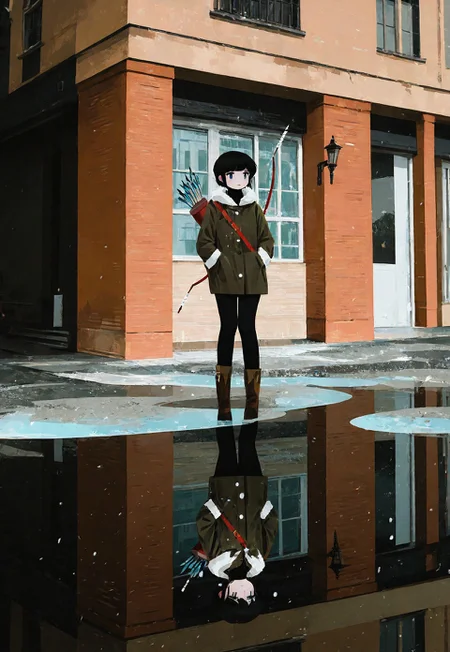 (yun ling:1.1), (noeru \(noellemonade\):1.2), newest, very awa, masterpiece, highres, absurdres, year 2024, year 2023,
original, 1girl, alley, belt, belt buckle, black eyes, black hair, black leggings, boots, bow \(weapon\), brick wall, brown footwear, buckle, building, buttons, chest belt, closed mouth, coat, day, expressionless, full body, fur-trimmed sleeves, fur trim, green coat, green sleeves, hands in pockets, lamppost, leggings, lipstick, long sleeves, makeup, outdoors, puddle, red belt, red lips, reflection, reflective water, short hair, solo, split theme, sunlight, tile floor, tiles, turtleneck coat, upside-down, walking, weapon, weapon on back, window, winter clothes, winter coat
<lora:yun_ling-16:0.9> <lora:ponyv6_noobV1_1_adamW-000011:0.3> <lora:spo:1>