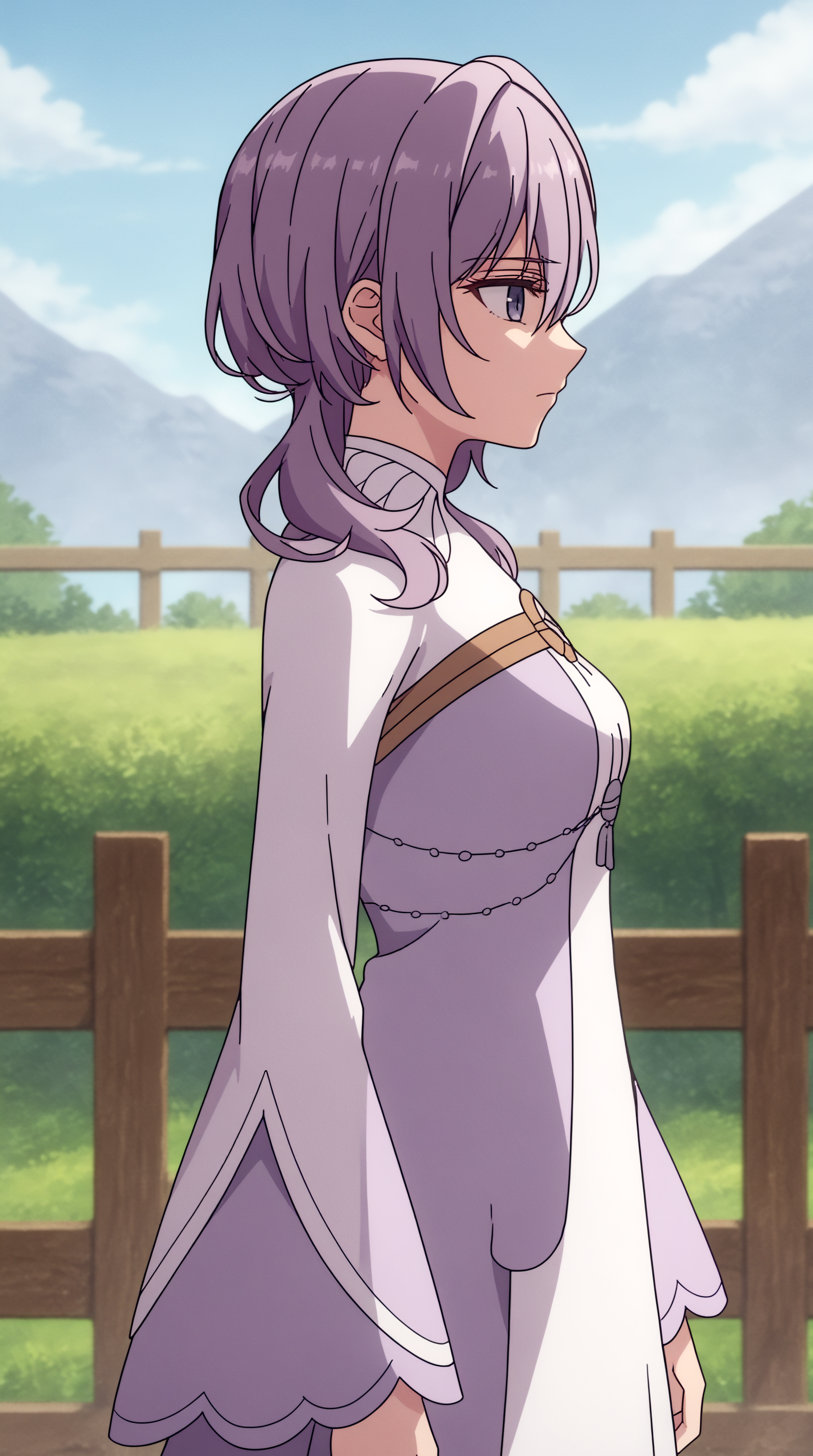score_9, score_8_up, score_7_up, best background, detailed background, 4k, upscale, anime_source Philia Parnacorta, Main Outfit, solo, closed mouth, from side, profile, expressionless, fence  <lora:JN_Philia_Parnacorta_Pony:0.8>