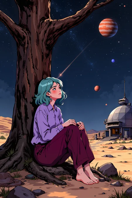 a serene, introspective scene under a starry night sky. The main subject is a young woman with teal-colored hair, styled in loose waves, sitting barefoot against the trunk of a large tree. She wears a light purple long-sleeved shirt and deep burgundy pants, which contrast with the dark, starry background. Her expression is calm and slightly wistful as she gazes upward, her hands clasped together in her lap.The night sky is richly detailed with numerous stars, a few shooting stars, and several planets visible, including a prominent, reddish planet in the upper right corner and a smaller, blue planet in the lower right. The tree's bark is textured, and its branches frame the scene, providing a natural boundary.In the background, the landscape is barren, with sparse vegetation and a few rocks scattered across the ground. A large, futuristic structure resembling a dome or habitat is visible on the right side, blending modern technology with a natural setting. The overall color palette is a mix of cool and warm tones, enhancing the tranquil yet slightly mysterious atmosphere.<lora:XRSTYLE_FLUX:0.5><lora:RetroAnimeFluxV1:0.4><lora:MoriiMee_Gothic_Niji_Style_FLUX:0.3>
