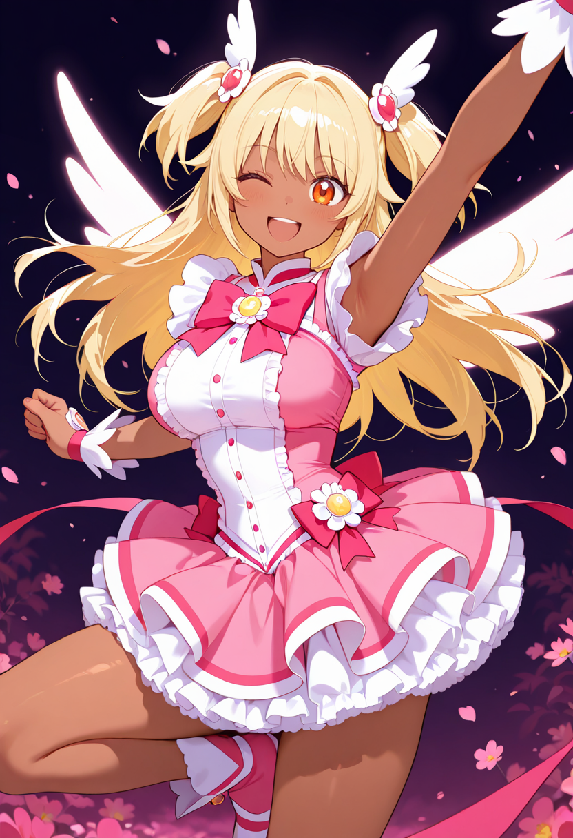 masterpiece,best quality,amazing quality, very aesthetic, ((outlined outlined vector graphics)), cute face, (glow eyes:0.5) ,  from front,  looking at viewer ,beautiful scenery,
1girl,
20yo, large breast, orange eyes, (blonde hair:1.3),long hair, (two side up:1.1), (dark skin:1.2), dark skin girl, (tall:1.2), ,bangs
,
pink  clothes, (focus female), smile, action pose, (clothed:1.1),
magical girl outfit, magical girl, frilles, happy,   wings , wink , (kawaii) , hair ornament , flowers <lora:magical-girl-outfit-il-20:0.8>