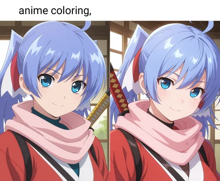 masterpiece, best quality, amazing quality, 1girl, solo, (portrait:1.2), anime coloring, yuukoww, blue eyes, blue hair, long hair, twintails, multicolored hair ribbon, ahoge, ninja, pink scarf, red kimono, katana, sheath, sheathed, weapon on back, looking at viewer, smile, indoors, day, skindentation, detailed clothing folds, depth of field, sharp, high contrast, dynamic light <lora:Hattori_Yuuko_Ichiban_Ushiro_no_Daimaou_ill_v11:0.9>
