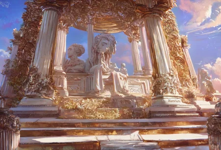 score_9, score_8_up, score_7_up, pmg style, roman temple, sunset, statue of zeus