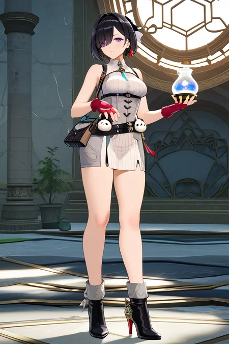 <lora:yumia_liessfeldt_AY_pony:1>underbust, yumia liessfeldt, alchemist's survey attire (light), outfit 2, medium breast, mole under eye, cauldron shape bag, black hair, hair bow, plushie toys, 1girl, solo, short hair, gloves, dress, bare shoulders, jewelry, medium breasts, purple eyes, sleeveless, belt, fingerless gloves, white dress, mole, hair over one eye, sleeveless dress, short dress, red gloves, grey dress  <lora:HandFixer_pdxl_Incrs_v1:1> white skirt, high heel boots, black footwear, high heels with ankle booster, booster on ankle,