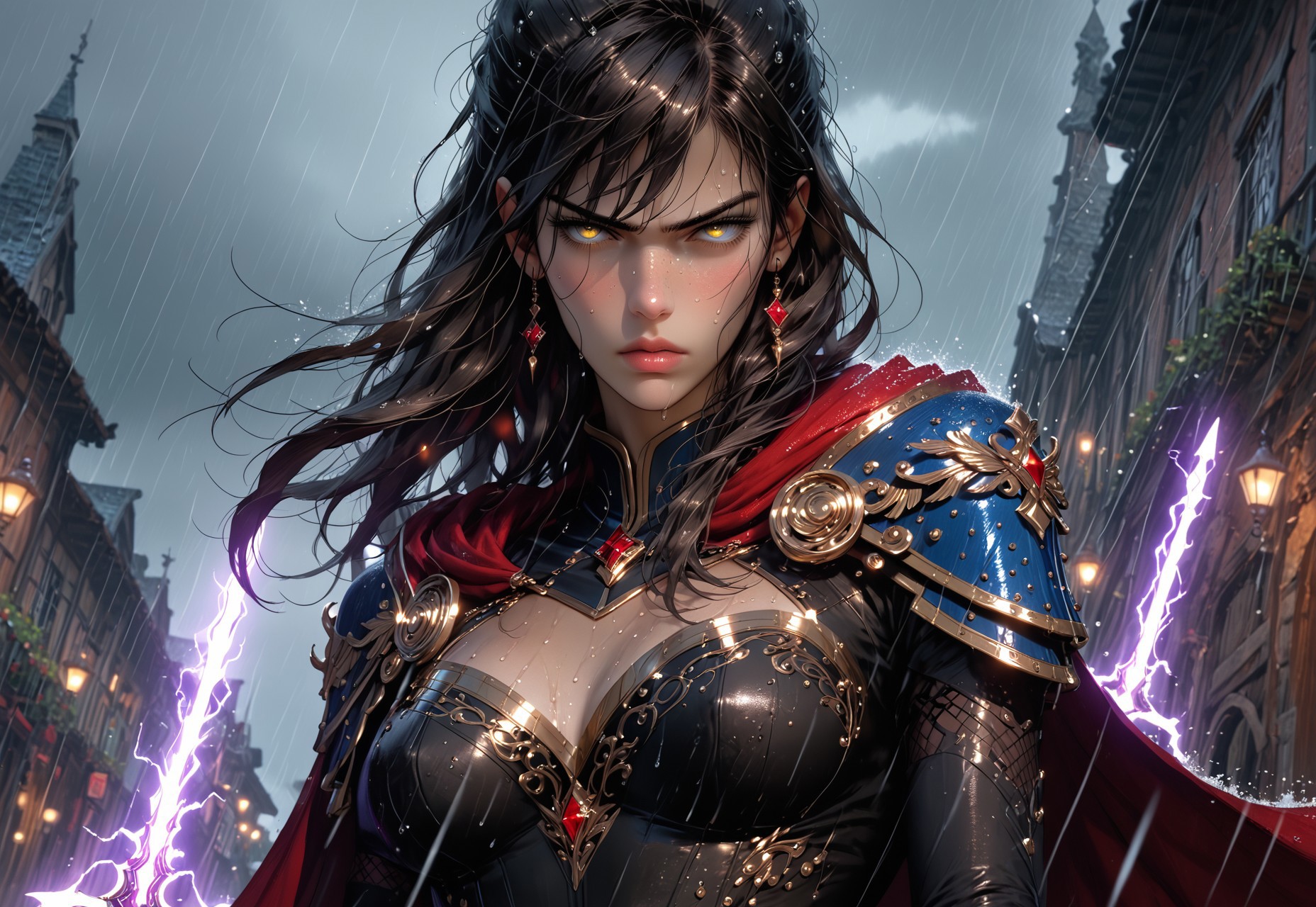 safe_pos, profile view of 1girl, sfw, gorgeous, freckles, shiny wet skin, detailed skin, detailed face:2, angry, sneering, intense glare, perfect eyes, glowing eyes, long hair, dark red hair:2, silk tunic, saggy breasts, breasts covered:2, nipples covered:2, silk stretched tight over breasts, decorative mystic armor, dark blue armor:2, flowing skirt, skirt, flowing cape, intricate armor, shiny armor, perfect hands:2, perfect fingers, relaxed hands, thigh highs, leggings, slight cleavage, exposed lower thigh, showing slight leg, walking pose, cape billowing in the wind, turned slightly to the side, 
BREAK
smoking battlefield, outdoors, rain, rainy day, dark sky, dusk, lightning strike:2, stormy sky, lightning in sky, streaming banners, spears and swords in dirt, fires, 
BREAK
score_9, score_8_up, score_8, masterpiece, best quality, official art, extremely detailed, absurdres, high definition, photorealism, detailed shading, high contrast, ambient occlusion, 
BREAK
dynamic angle:1.5, cowboy shot, focus face, profile shot,  Dutch angle, high viewpoint, pov above,

expressiveh, comicbookpage style, mythp0rt, g4n1m3, 
