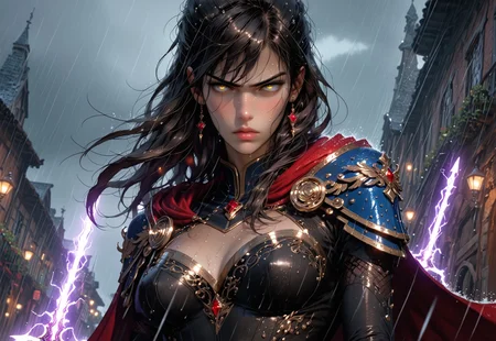 safe_pos, profile view of 1girl, sfw, gorgeous, freckles, shiny wet skin, detailed skin, detailed face:2, angry, sneering, intense glare, perfect eyes, glowing eyes, long hair, dark red hair:2, silk tunic, saggy breasts, breasts covered:2, nipples covered:2, silk stretched tight over breasts, decorative mystic armor, dark blue armor:2, flowing skirt, skirt, flowing cape, intricate armor, shiny armor, perfect hands:2, perfect fingers, relaxed hands, thigh highs, leggings, slight cleavage, exposed lower thigh, showing slight leg, walking pose, cape billowing in the wind, turned slightly to the side, 
BREAK
smoking battlefield, outdoors, rain, rainy day, dark sky, dusk, lightning strike:2, stormy sky, lightning in sky, streaming banners, spears and swords in dirt, fires, 
BREAK
score_9, score_8_up, score_8, masterpiece, best quality, official art, extremely detailed, absurdres, high definition, photorealism, detailed shading, high contrast, ambient occlusion, 
BREAK
dynamic angle:1.5, cowboy shot, focus face, profile shot,  Dutch angle, high viewpoint, pov above,

expressiveh, comicbookpage style, mythp0rt, g4n1m3, 