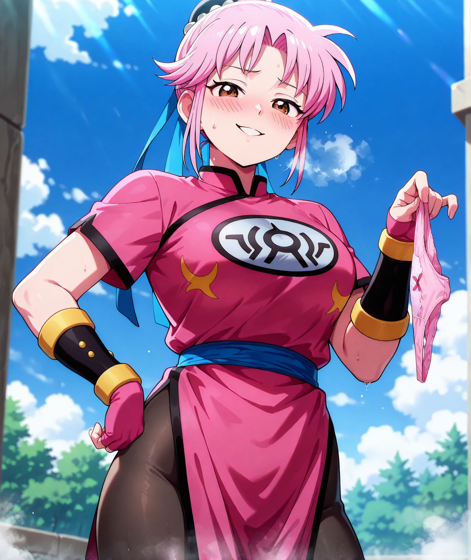<lora:add-detail-xl:0.5>,,masterpiece, best quality, newest, absurdres, highres, detailed eyes, beautiful, detailed background, perfect eyes, anime coloring, anime screencap,
<lora:Holding_panties:0.5>Holding_pantiesV1,
1girl,panties,looking at viewer, naughty face, 
solo,standing, one hand lift,seductive smile, blush, 
one hand on own hip, heavy breathing, steam , dangling, 
holding panties with one hand,sweat, sweatdrop, 
short sleeves, 
Maam, 
 Battle Costume,  outdoors, sky, day, blue sky,  <lora:JN_Maam_Illus:0.8>
20YO, milf,adult,