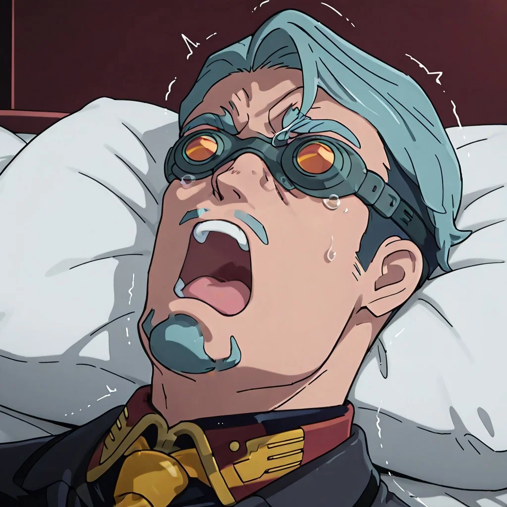 masterpiece,best quality,detailed,high resolution,Beautiful new anime style illustrations,solo,1person,full body,
bask_goggles\(goggles\),goggles,tinted_eyewear,opaque_glasses,
ikisugi,open mouth,on back,lying,pillow,teeth,upper teeth only,screaming,
ohogao, puckered lips, trembling, tearing up,open mouth,
GQ_bull,Challia Bull,GQ_Shallia,goatee,gq_mustache,sideburns,thick eyebrows,GQ_Shallia_clt,yellow necktie,man,male,
orgasm,