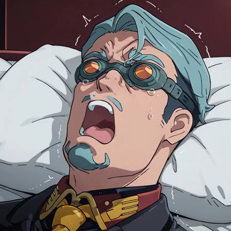 masterpiece,best quality,detailed,high resolution,Beautiful new anime style illustrations,solo,1person,full body,
bask_goggles\(goggles\),goggles,tinted_eyewear,opaque_glasses,
ikisugi,open mouth,on back,lying,pillow,teeth,upper teeth only,screaming,
ohogao, puckered lips, trembling, tearing up,open mouth,
GQ_bull,Challia Bull,GQ_Shallia,goatee,gq_mustache,sideburns,thick eyebrows,GQ_Shallia_clt,yellow necktie,man,male,
orgasm,