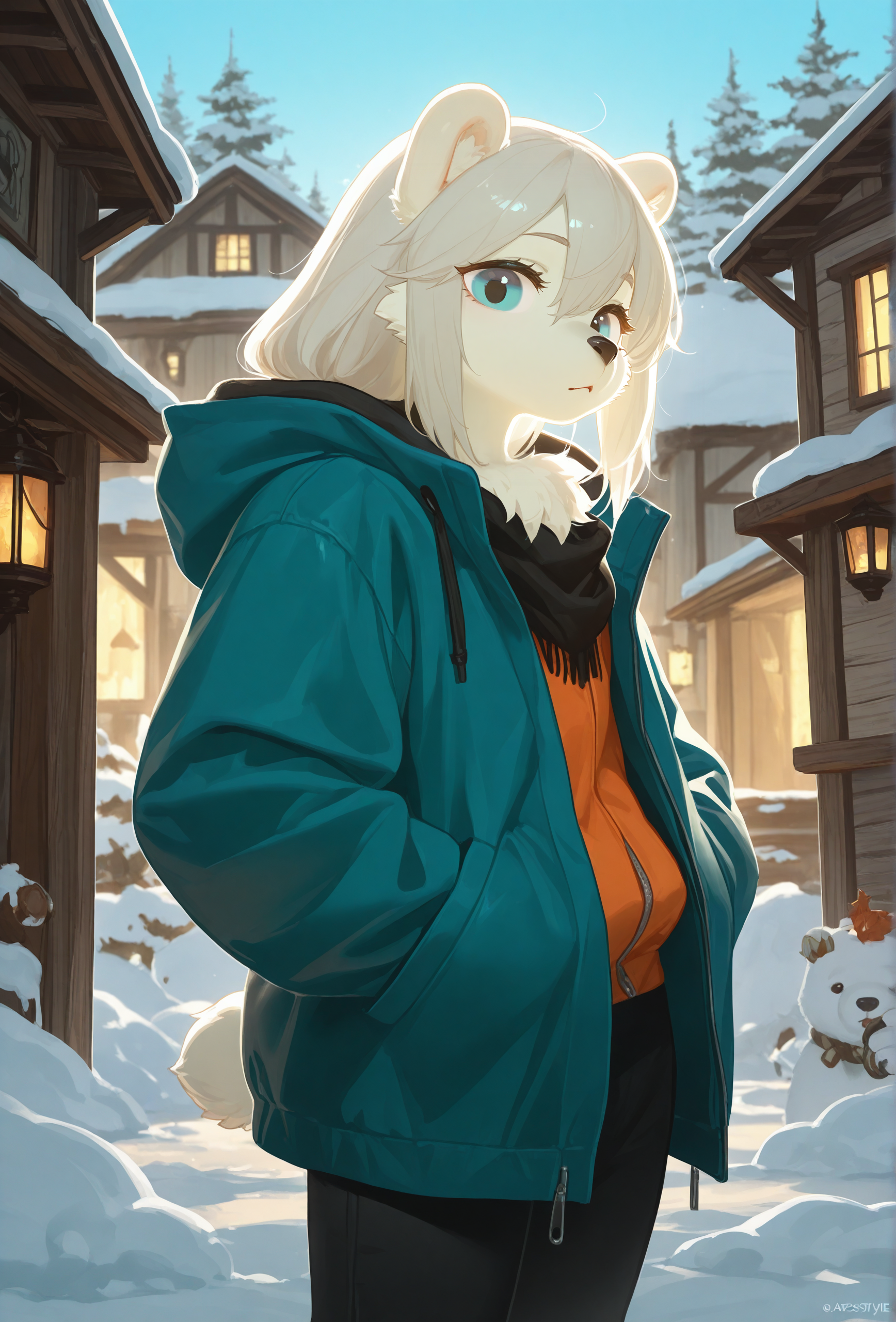 masterpiece,best quality,amazing quality, <lora:antifreez3_style_illustrious_v1f:1> afz3style, 1girl, furry, polar bear BREAK
jacket, winter village