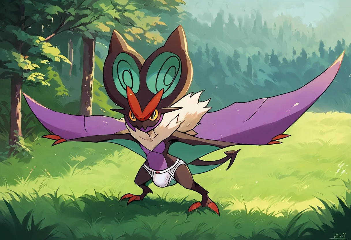 score_9, score_8_up, score_7_up, score_6_up, score_5_up, score_4_up, high quality, hires, (high quality, highres, masterpiece) (high quality, highres, masterpiece), (masterpiece,high quality,8k), source_furry, dof, full-length portrait, sc3nery, forest, mountain background, trees, grass, <lora:POKEMON_NOIVERN:1> noivern, pokemon (creature), feral, wing arms, happy, underwear, briefs, white underwear, white briefs, sweaty, godrays, cute