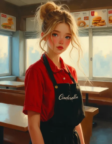 masterpiece, high quality, Oil Painting, Hyper-realistic, hyper-detailed picture of a cozy, warmly lit McDonald's restaurant, teen Cinderella, with her serene, radiant expression, stands behind the counter, working as a cashier. She wears a neatly pressed McDonald's uniform, which consists of a red polo shirt with the iconic golden arches logo on the chest, paired with black pants, and a black apron word "Cinderella" stenciled on it in white. Her blond hair is elegantly tied back in a bun, with a few loose strands framing her timelessly beautiful face. Her blue eyes are bright. Cinderella maintains her graceful composure, exuding a sense of calm in her slight half smile. The background shows a typical McDonald's setup, with menu boards displaying a variety of meals. Afternoon light streams through the restaurant window, casting a warm and peaceful glow on the scene.
The lighting is bright and natural, originating from the upper left, casting soft highlights on her face and hair while creating gentle shadows on her clothing. The overall color palette is light and airy, dominated by whites, blues, and soft yellows, enhancing the serene and uplifting atmosphere. The art work stylized yet realistic detailing creates a harmonious blend of motion and tranquility, capturing a fleeting, magical moment. The woman's pose and flowing hair emphasize movement and grace, set against a calm. The painting shows shadow and light, Masterpiece, intricate lines, intriguing atmosphere, sharp magnificent details, delicate features, elaborate details, (2\3 rule composition:0.5), ultra detailed, romantic, Rembrandt lighting, brush stroke, lovely, del1cate_balance style, novuschroma, in the style of Rembrandt. vantablack <lora:style_of_Rembrandt_FLUX_135:.8> <lora:- Flux1 - vanta_black_V2.0:.6> <lora:Delicate_Balance:.3> <lora:113_novuschromaFLX_1:.2> <lora:neeeg_f1:-1>