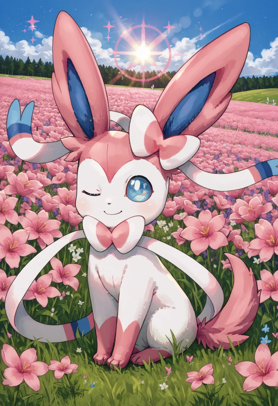 score_9, score_8_up, score_7_up, source_anime BREAK
<lora:Sylveon:1>
field of flowers, grass, sunbeam, (pink flowers:1.3), (pink sparkles:1.4), wildflowers, lens flare, (butterflies:0.8)
SYLV30N, white body, pink paws, pink tail, pink ears, long ears, blue inner ears, ribbon-like feelers, quadraped, light blue eyes, colored sclera, blue sclera (solo:1.4), animal focus
sitting, smile, wink, one eye closed, closed mouth, looking at viewer, chibi
sideview, from side
no humans
(anime style:1.5)