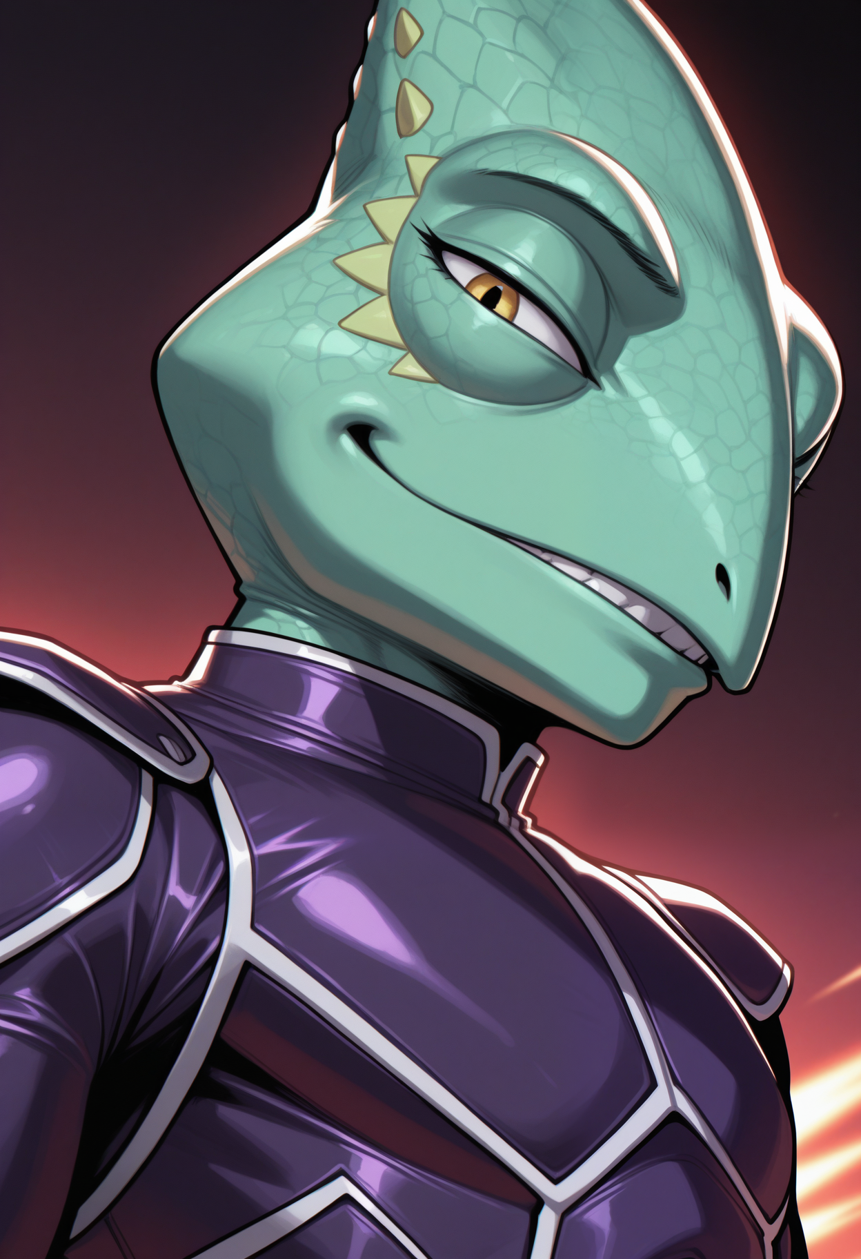 masterpiece,best quality,amazing quality, 1boy, solo, l30n, chameleon_boy, purple bodysuit, close up, side angle, spaceship, evil smirk,