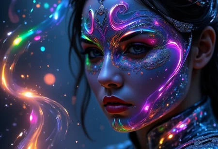 Cinematic style, realism, cinematic quality, Pastel,
A vibrant, futuristic rainbow shape with flowing curves and metallic sheen, creating an otherworldly atmosphere. The night was thick with rain, its rhythmic drumbeats on the tall windows of the old manor mingling with the low hum of jazz drifting through the room. She moved through the crowd like smoke, dark and elusive, wearing a shimmering dress that seemed to catch the light in all the right places. Her mask, delicate lace clinging to her skin, revealed just enough to spark the imagination, but hid the most important parts: her eyes. Only her lips were exposed, painted a shade of red that seemed both dangerous and inviting, like a whispered secret. One that could kill a man. Simple yet captivating, the design caught the light reflections on its surface, adding depth and dimension. This digital work of art embodies modernity while simultaneously awakening curiosity about what lies beyond our consciousness.