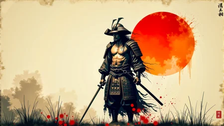 A minimal traditional japanese ink painting of the last weary Japanese samurai standing alone after an intense battle. He wears no armor nor any helmet. He holds his sword in hand. He is battered, bruised, and bleeds from several minor wounds. He is weary, disgusted, disheartened, and saddened at the lives that were lost. An orange rising sun hangs in sky behind him. This is a full frame body shot, from head to feet, providing a environmental wide angle view of the entire body. Intricate details, masterpiece, best quality. Soft volumetric lighting. <flux_realism_lora:0.42> <FluxDFaeTasticDetails:0.36> <BaroqueColorful:0.48>