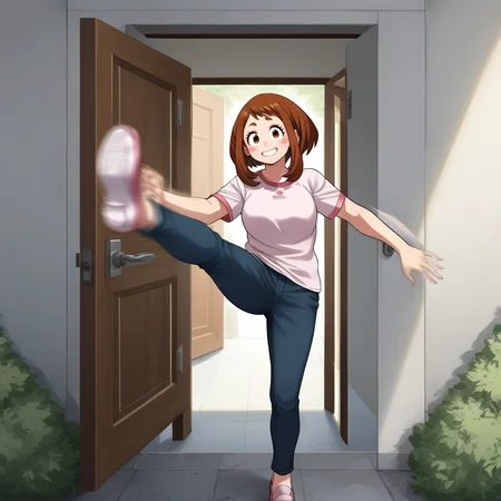 score_9, score_8_up, score_7_up, score_6_up, score_5_up, score_4_up, zPDXL2,source_anime,rating_questionable,  1girl, solo, cowboy shot, smile, outdoors, doorway,  Ochako Uraraka  <lora:doorkick:0.8> drk1ck, kicking, open door, action lines, motion blur