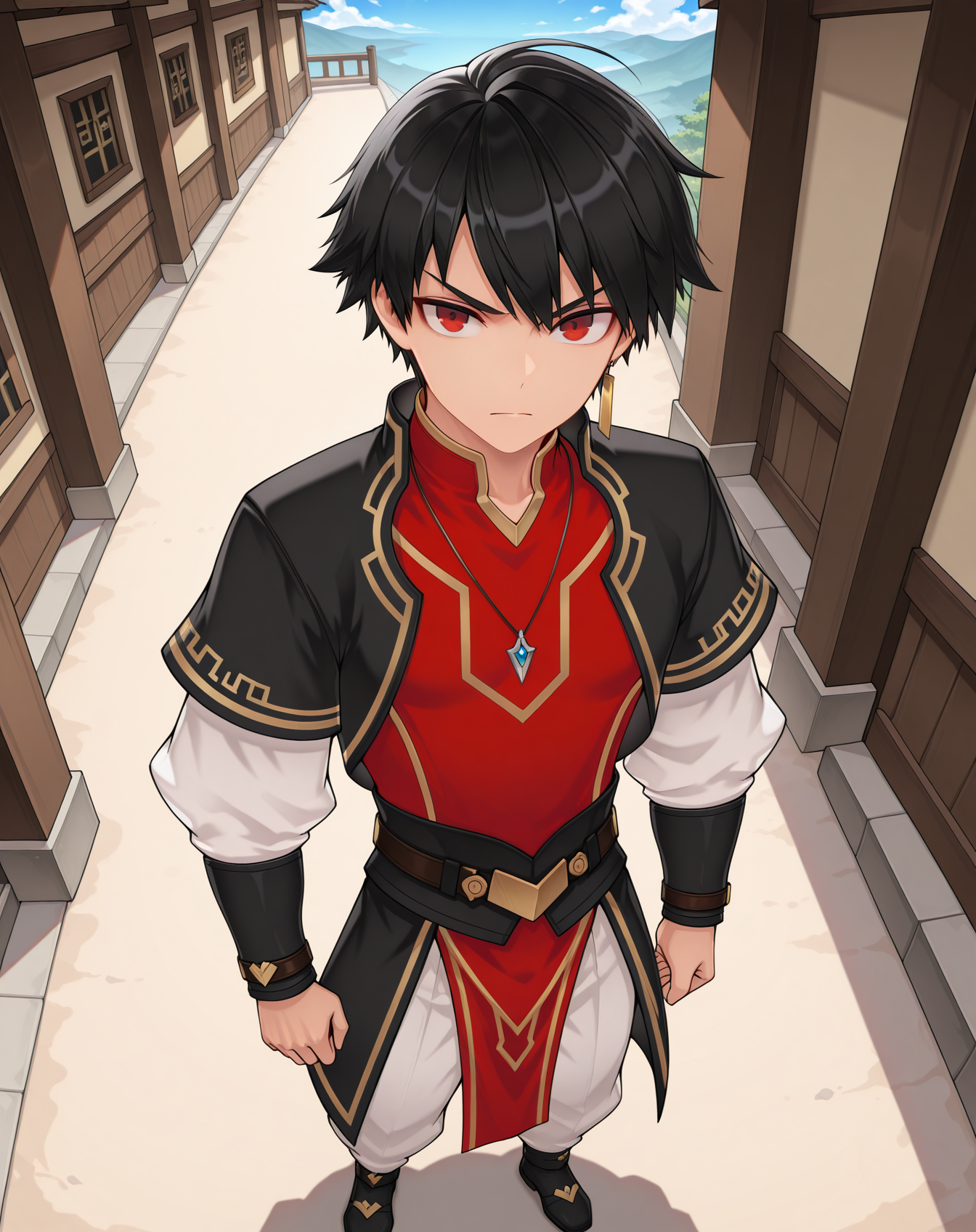 masterpiece, amazing quality, best quality, absurdres, very aesthetic,
1boy, solo, yaoi, male focus, full body, from above, standing, looking at viewer, face focus,
<lora:Solace_Young_ilxl:1>  solaceyoung, black hair, red eyes, short hair,v-shaped eyebrows,
short over long sleeves, layered sleeves, white pants, short sleeves, belt, shirt, black jacket, gold trim, arm guards, tassel, red tabard, white sleeves,
jewelry, necklace, earrings, single earring, pendant,
outdoors, day, blue sky,