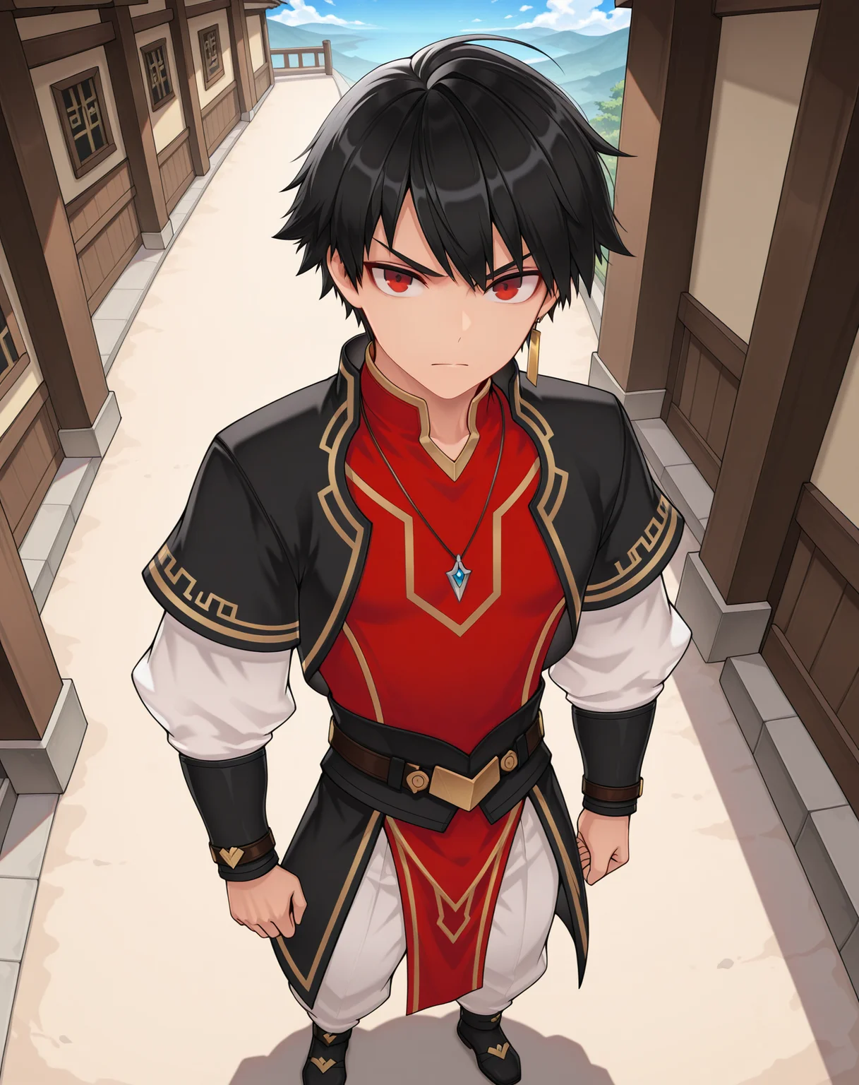 masterpiece, amazing quality, best quality, absurdres, very aesthetic,
1boy, solo, yaoi, male focus, full body, from above, standing, looking at viewer, face focus,
<lora:Solace_Young_ilxl:1> solaceyoung, black hair, red eyes, short hair,v-shaped eyebrows,
short over long sleeves, layered sleeves, white pants, short sleeves, belt, shirt, black jacket, gold trim, arm guards, tassel, red tabard, white sleeves,
jewelry, necklace, earrings, single earring, pendant,
outdoors, day, blue sky,