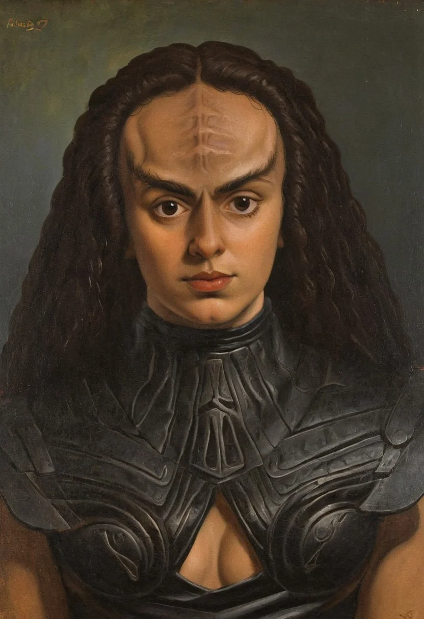 intricate detailed AH_Hayez oil painting upper body portrait of a female kling0n alien princess, leather dress, forehead ridges, light brown skin, nose ridges, large eyebrows