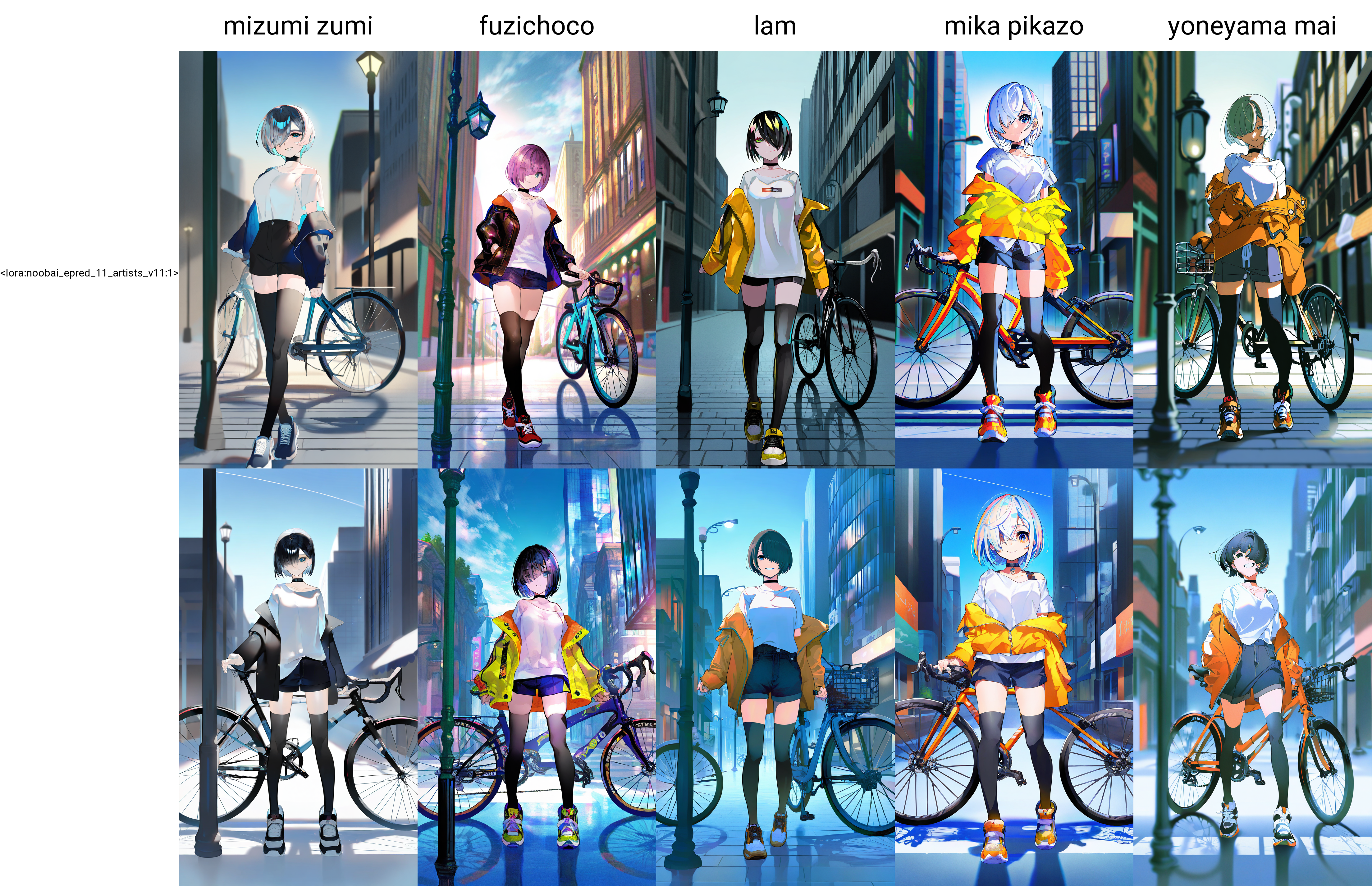by mizumi zumi,
1girl, solo, bicycle, outdoors, jacket, short hair, lamppost, sneakers, shorts, hair over one eye, city, sky, building, off shoulder, looking at viewer, full body, choker, white shirt, standing, black thighhighs, smile, walking,
masterpiece, best quality, very awa, absurdres
<lora:noobai_epred_11_artists_v11:1>