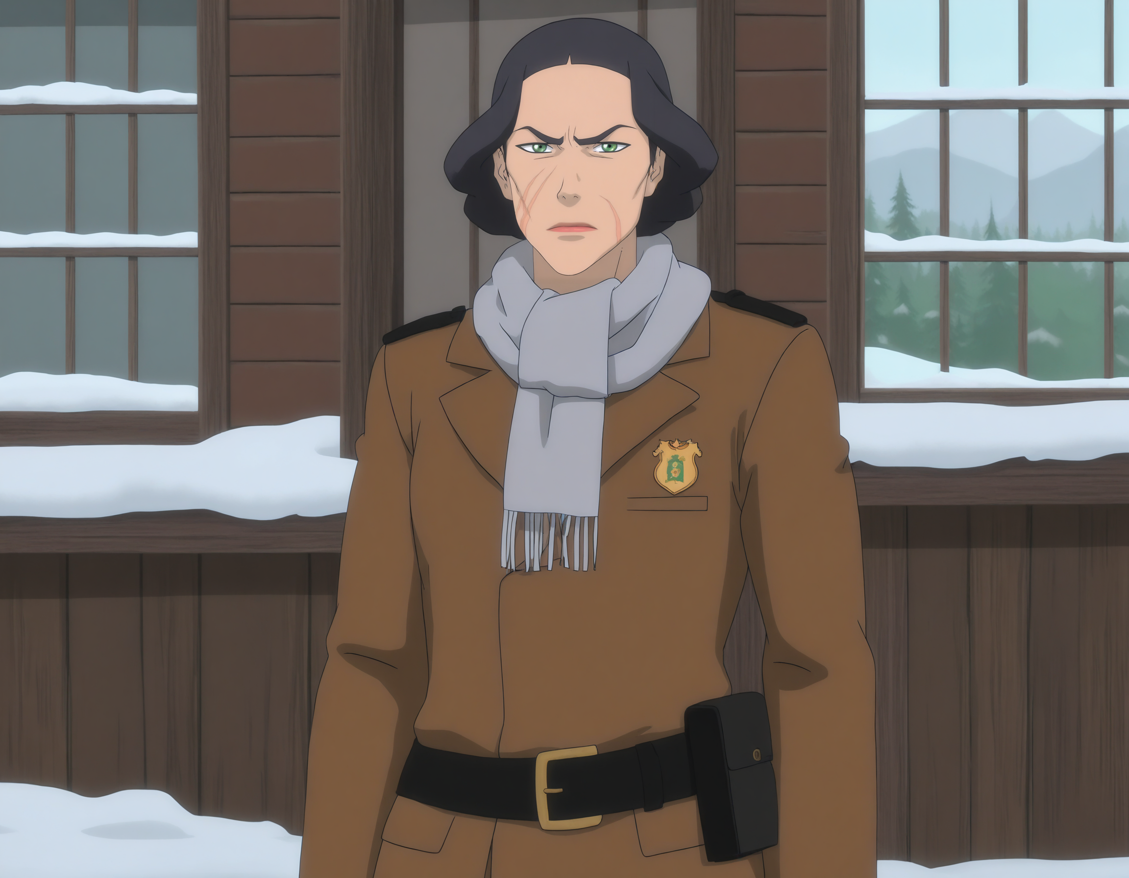 fullbody, <lora:Anaxus-style-pdxl:0.35>, <lora:modern_anime_screencap_v1_0:0.8> anime screencap, (highres, best quality), zPDXL, 1girl, solo, 
<lora:t10kl1nXLREv2:0.8> t10kl1nxlre, 1girl, green eyes, scar, facial mark, looking at viewer, serious, posing for photo, 
mature female, police, winter coat, scarf, boots, 
<lora:Pony_DetailV2.0:0.5>
fargo, minnesota, outdoors, old medieval town, window, winter,