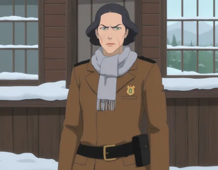 fullbody, <lora:Anaxus-style-pdxl:0.35>, <lora:modern_anime_screencap_v1_0:0.8> anime screencap, (highres, best quality), zPDXL, 1girl, solo, 
<lora:t10kl1nXLREv2:0.8> t10kl1nxlre, 1girl, green eyes, scar, facial mark, looking at viewer, serious, posing for photo, 
mature female, police, winter coat, scarf, boots, 
<lora:Pony_DetailV2.0:0.5>
fargo, minnesota, outdoors, old medieval town, window, winter,
