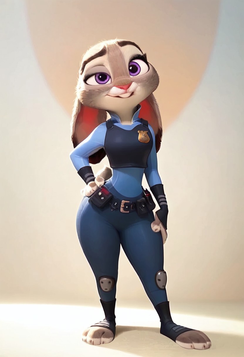 safe_pos, score_9, score_8_up, score_7_up, score_6_up, 1girl, solo, girl 21yo, (judyhopps), tiny bunny furry, bald head, interesting angle, natural round round breasts, perfect face, thin waist, focus on furry, expressive smug, raised eyebrow sassy, well-lit, cleavage crease, (sexy perfect face) sexy, highly detailed, (cute girl), Ju_dy, Expressiveh,
Cute, seductive, attractive, highly detailed, Disney accurate, beautiful, stunning, full body, Judy hopps, police uniform, amazing figure, standing, sassy, hand on hip, tilting hip,
((Simle background)), perfect eyes,  ((medium  breasts, big hips)),
perfect eyes,
