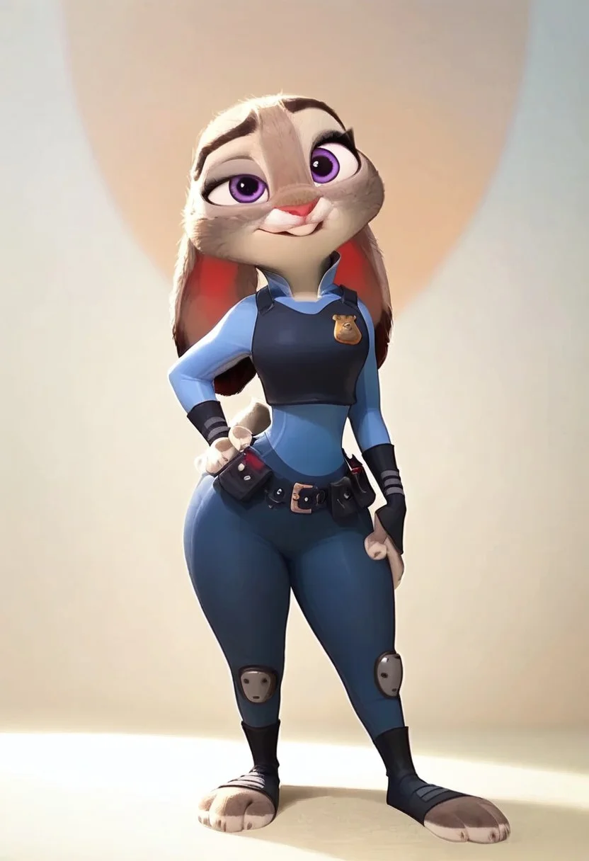 safe_pos, score_9, score_8_up, score_7_up, score_6_up, 1girl, solo, girl 21yo, (judyhopps), tiny bunny furry, bald head, interesting angle, natural round round breasts, perfect face, thin waist, focus on furry, expressive smug, raised eyebrow sassy, well-lit, cleavage crease, (sexy perfect face) sexy, highly detailed, (cute girl), Ju_dy, Expressiveh,
Cute, seductive, attractive, highly detailed, Disney accurate, beautiful, stunning, full body, Judy hopps, police uniform, amazing figure, standing, sassy, hand on hip, tilting hip,
((Simle background)), perfect eyes, ((medium breasts, big hips)),
perfect eyes,