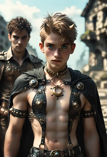aaTMOm1n1,score_9, score_8_up, score_7_up, (gorgeous:1.5), best quality, blue slit pupil, gold dragon horns, dragon boy, gold choker, (3boys), (on verge of fighting),short blonde hair, shy, (cute:1.3), slender, skinny, puffy nipples, revealing clothing, (ornate gothic clothing, cape, dynamic pose:1.5), looking at viewer, erotic, bulge, (pubes:1.2), cowboy shot,hairy,(young), (perfect eye), dynamic,facial hair, scar
BREAK,
nighttime, moody lighting, gothic ruins, yellow crescent moon, character difference, hair colour difference, race difference