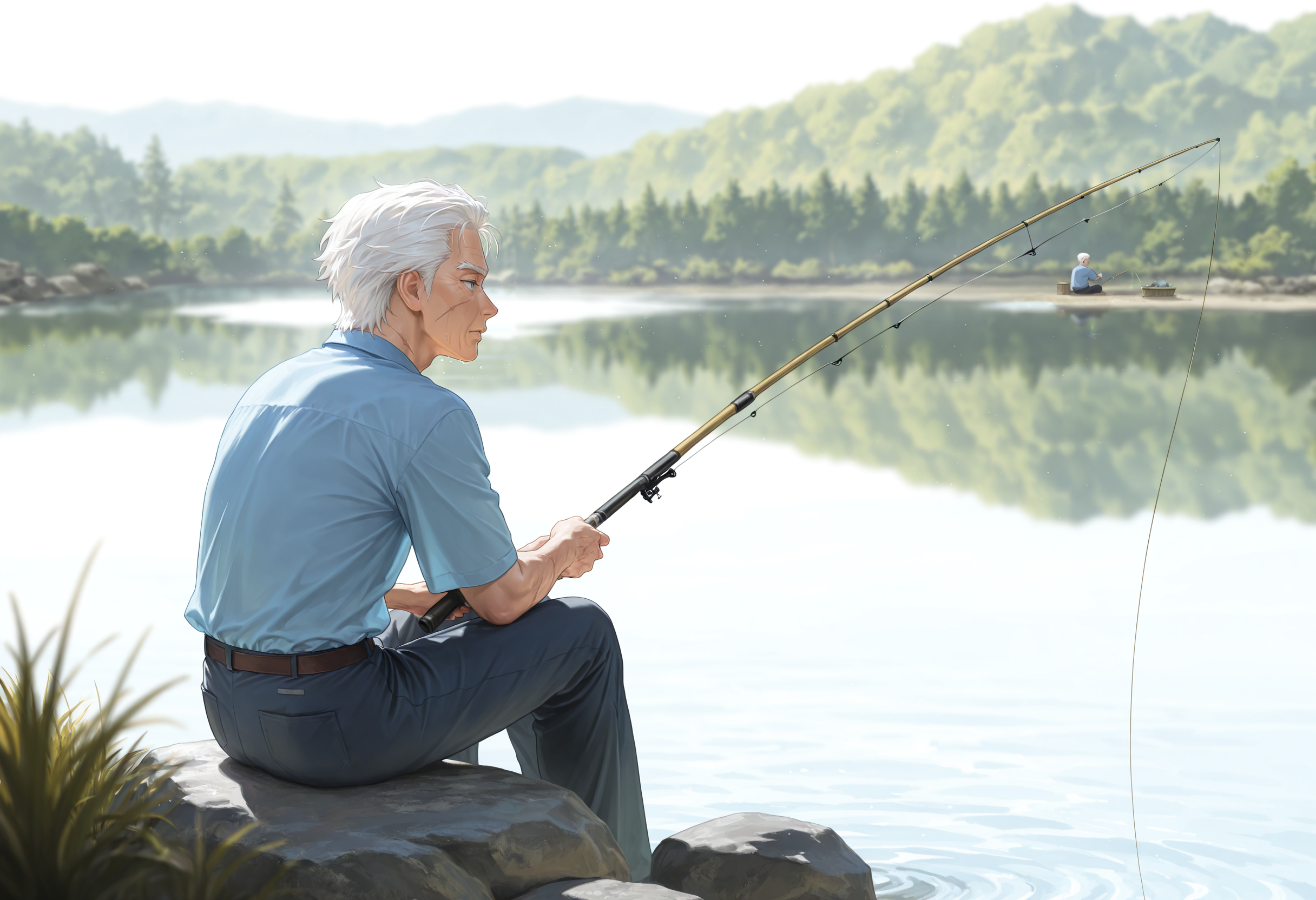 masterpiece,extreme detailed,SmoothNoob_Quality,day,outdoors,lake BREAK jagen_(fe),1boy,white hair,blue eyes,(old man:0.9),scar,blue shirt,<lora:jagen_(fe)-IL:1>,<lora:NOOB_vp1_detailer_by_volnovik_v1:1>,fishing,holding fishing rod,sitting,