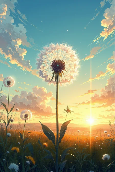 <lora:Vibrantly_sharp_style_v.2:0.8> Vibrantlysharp style. A single, grand dandelion stands illuminated by the golden hues of dawn, its delicate seed-bearing filaments shimmering as they catch the soft morning light. Dewdrops cling to slender blades of grass, refracting tiny rainbows in the crisp air. The sky, a serene gradient of pastel blues and warm ambers, is adorned with wispy, dreamlike clouds that stretch across the horizon. A gentle breeze carries a few drifting seeds into the air, their feathery forms floating weightlessly, as if suspended in time. The sunlight, filtering through the surrounding wildflowers and tall grasses, casts intricate patterns of light and shadow upon the landscape, adding depth and vibrancy to the composition. Rendered in a painterly yet semi-realistic illustration style, the scene exudes a whimsical warmth, with soft brushstrokes capturing the gentle, ephemeral beauty of natureâs smallest wonders, evoking a sense of peace and wonderment.