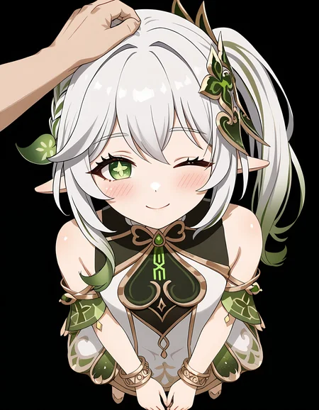 <lora:Nahida_Pony:1>nahida_genshin_impact, pointy ears, side ponytail, multicolored hair, white hair, green hair, gradient hair, green eyes, symbol-shaped pupils, hair between eyes,
jewelry, bracelet, detached sleeves, white dress,
looking up at viewer, from above, head pat, one eye closed, blush, smile