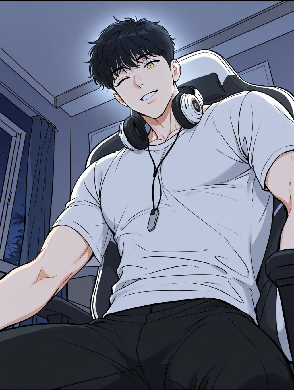 anime screencap, uncensored, intricately detailed illustration, masterpiece, best quality, amazing quality, very aesthetic, absurdres, newest, anime coloring, subsurface scattering, realistic shading, night, natural lighting, male focus, male only, AhnJiwonBJ, black hair, yellow eyes, smile, one eye closed, 1boy, solo, toned male, shirt, pants, cowboy shot, gaming chair, gamer boy, lying in chair, headphones, headphones_around_neck, from below, looking down, dutch angle, dynamic angle